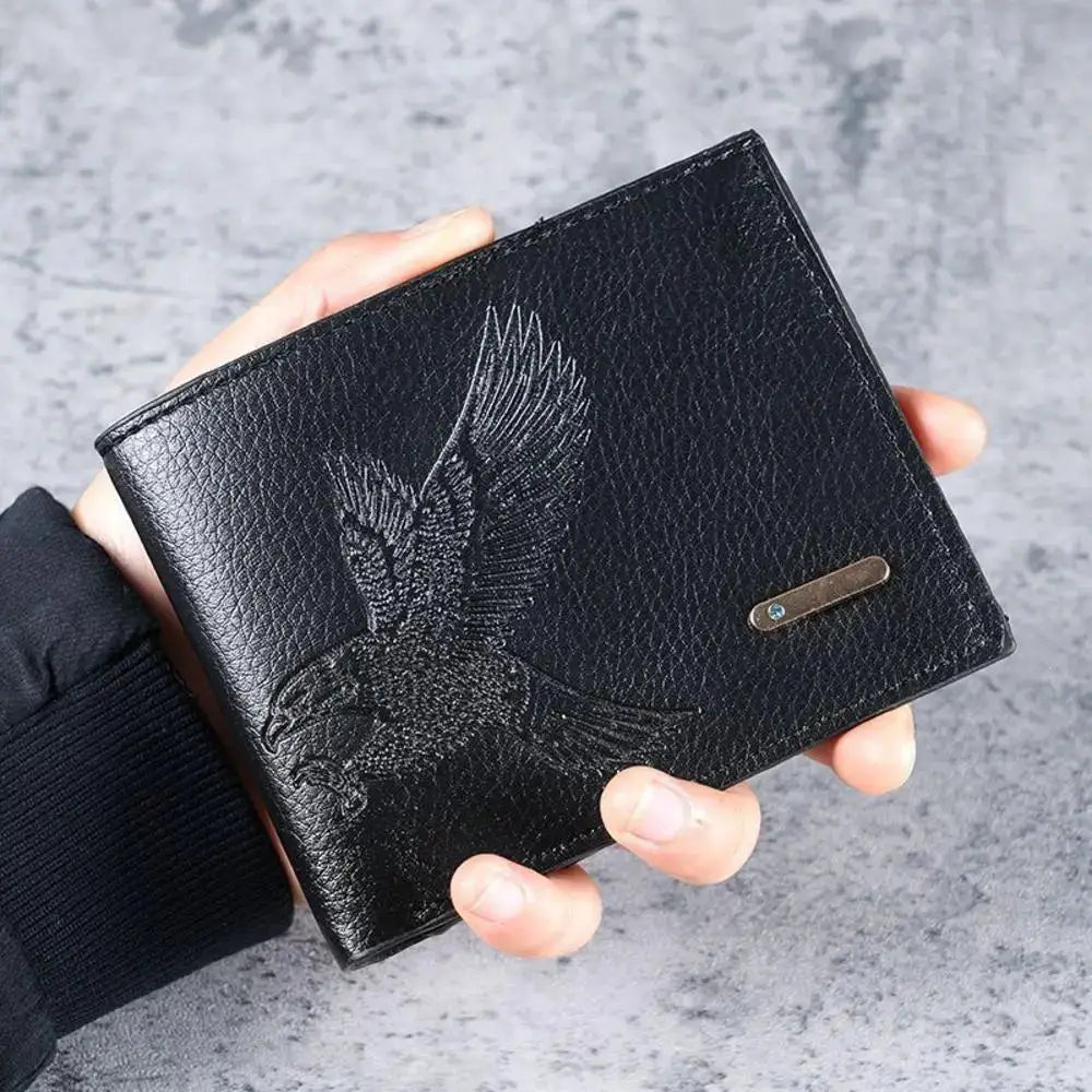 PU leather RFID wallet for men, black slim vertical minimalist design with eagle embossing.