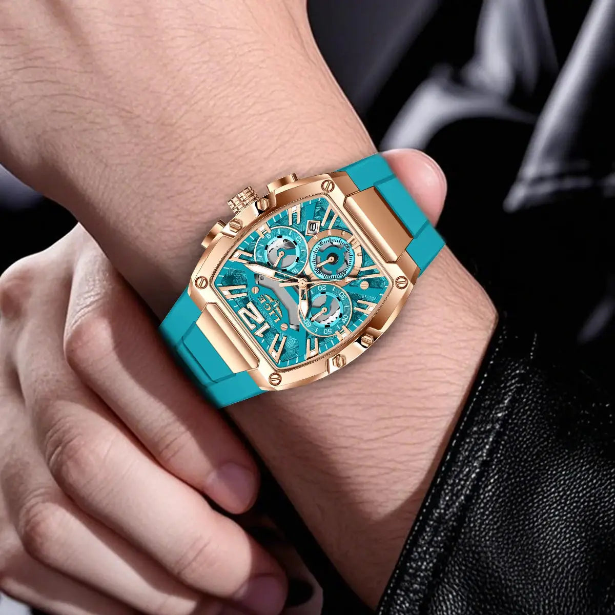 LIGE men's chronograph watch with turquoise silicone strap and rose-gold case