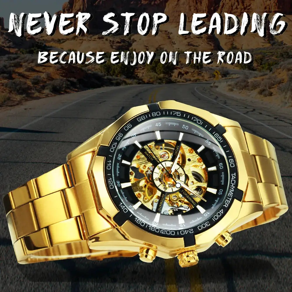 Men's Forsining skeleton wristwatch with gold stainless steel strap and luminous hands