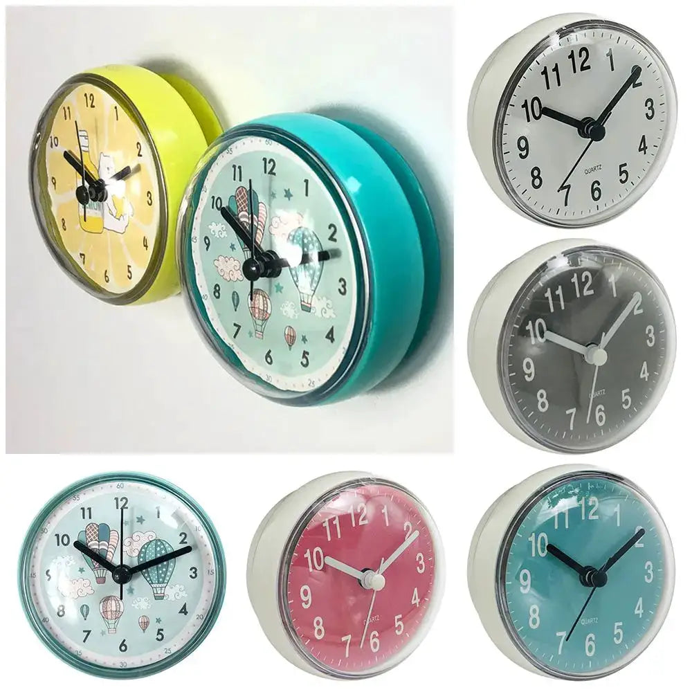Mini Sucker Wall Clock set; colorful 7cm waterproof quartz clocks for bathroom and kitchen by Simples Market.