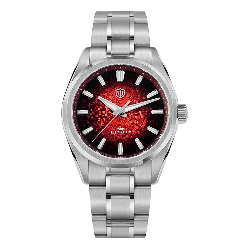 Watchdives WD0003C quartz wristwatch—38mm stainless steel case and bracelet, red ice-crack dial, sapphire crystal.