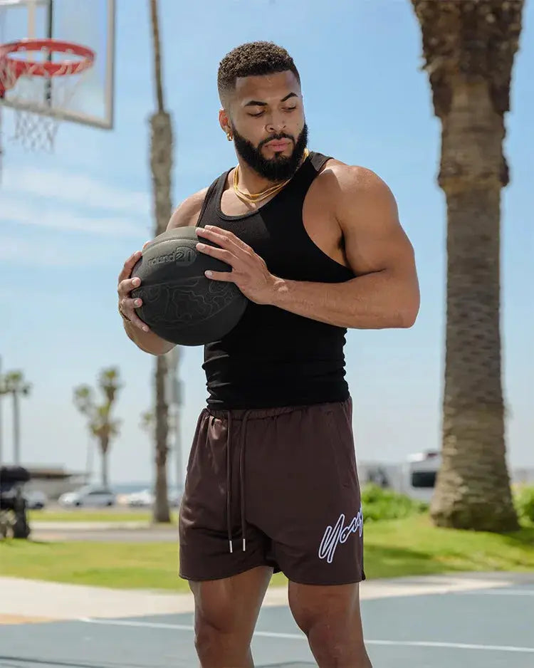 Trend men's mesh beach swim shorts, brown quick-dry loose jogger style with drawstring