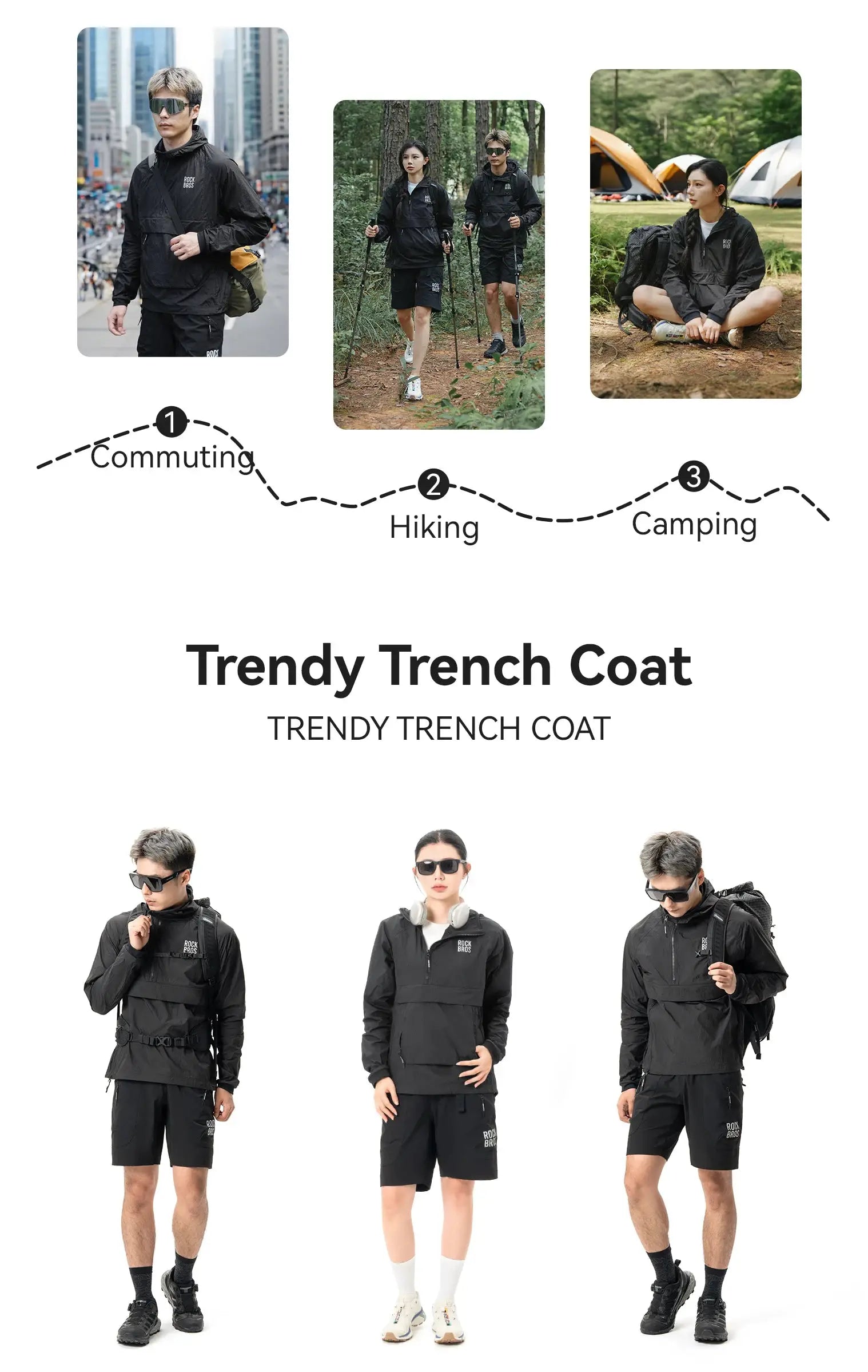 RockBros cycling waterproof jacket, black breathable windbreaker for outdoor use, shown on three models in urban, hiking, and camping scenes