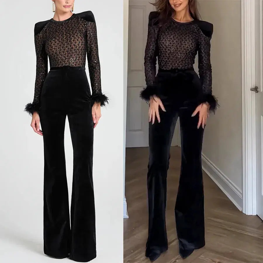 Women's black velvet patchwork jumpsuit, long sleeves with fluffy cuffs, by Simples Market