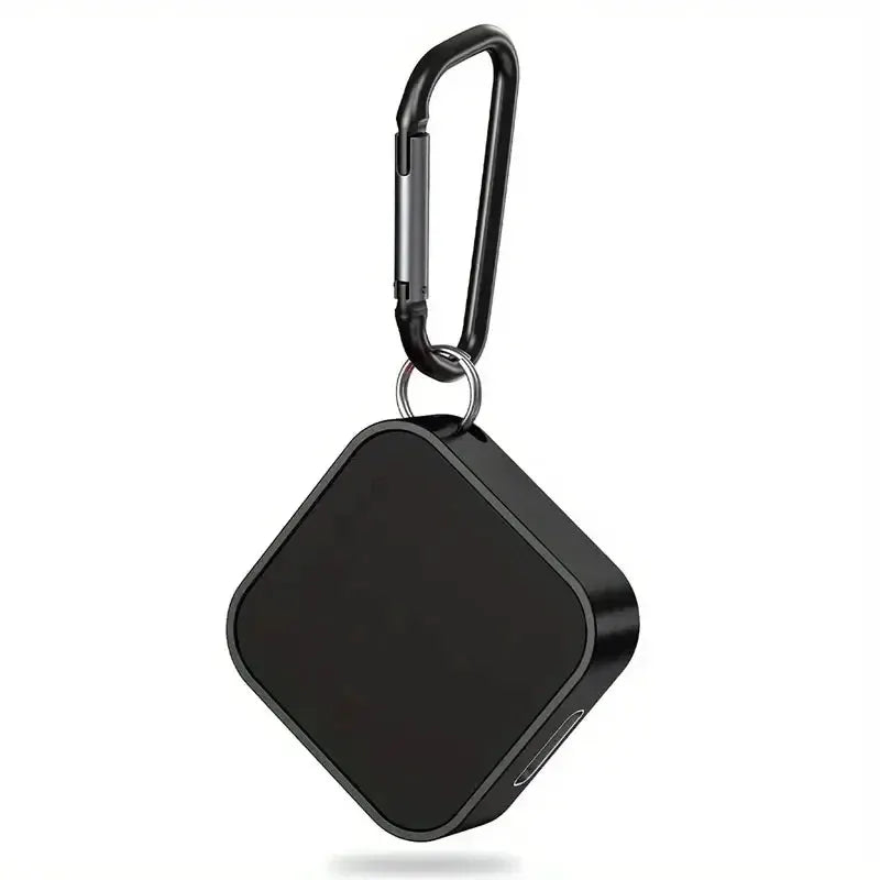 Portable wireless watch charger with dual Type-C and 8-pin interfaces, black square with carabiner