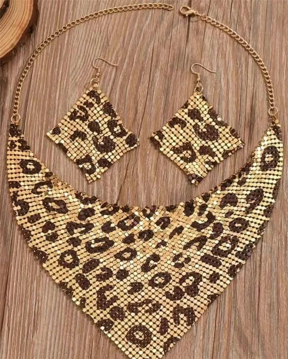 Fashion Leopard Print Jewelry Set: gold-tone bib necklace and matching diamond-shaped dangle earrings by Simples Market