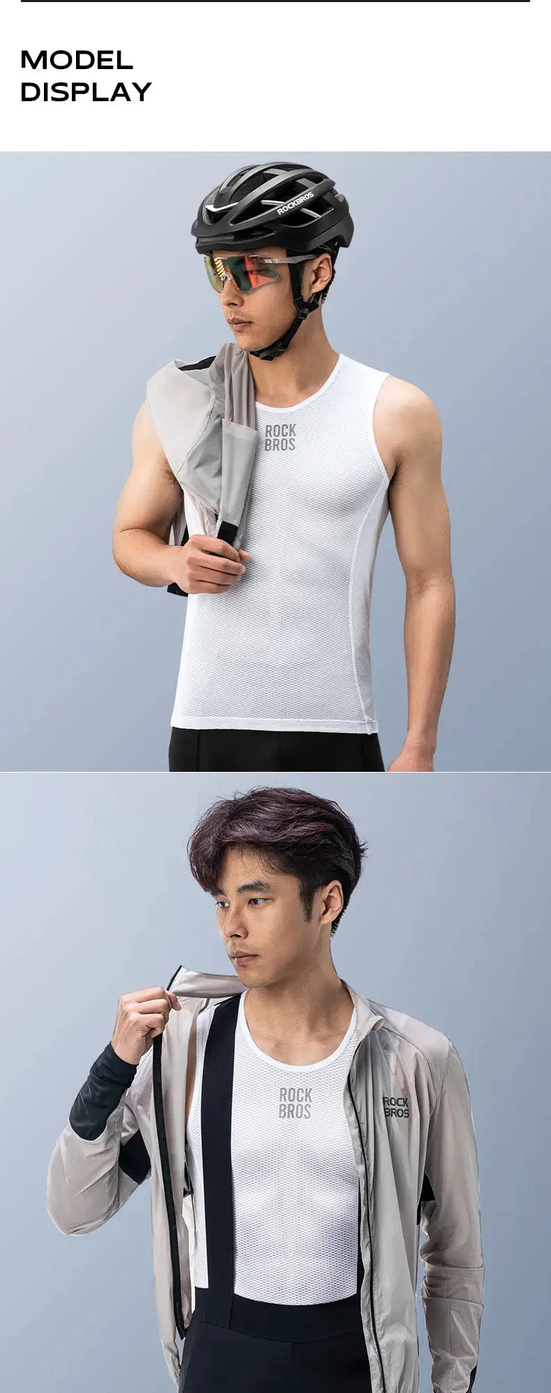 RockBros mesh sleeveless undershirt for men, white quick-dry tank with logo, shown on two models.