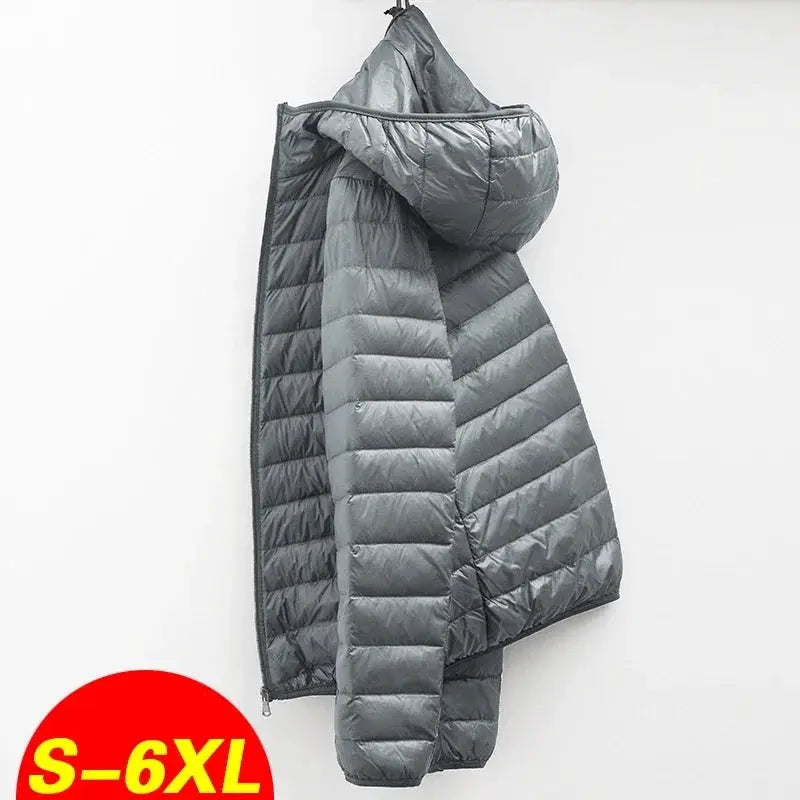 Men's gray ultralight duck-down coat with hood, quilted puffer parka, sizes S-6XL