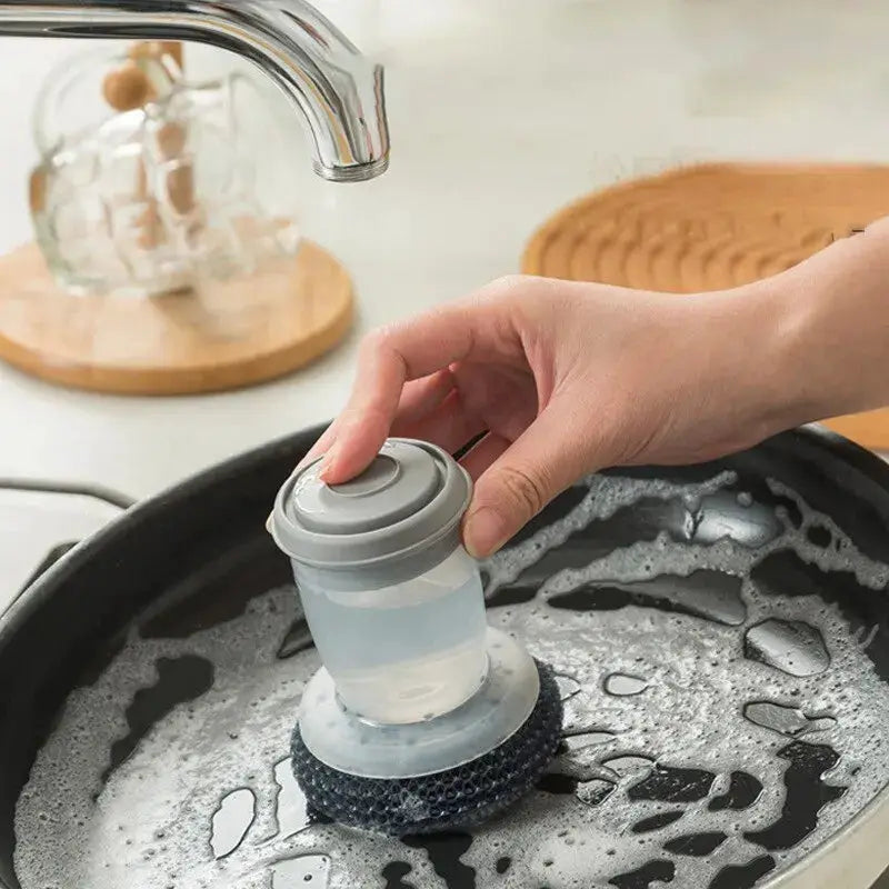 1pc portable kitchen soap-dispensing dishwashing tool by Simples Market with gray lid and sponge scrubber.
