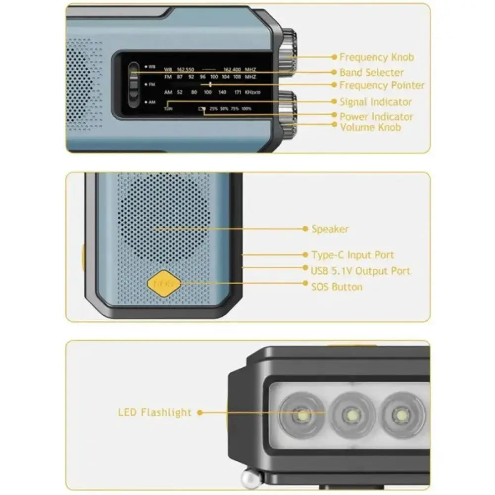 PulseGuard Solar Crank Emergency Radio With LED Flashlight NOAA Weather Updates 2000mAh Battery USB Charging