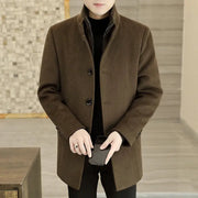 Men's long brown wool coat with removable thickened inner liner, solid color