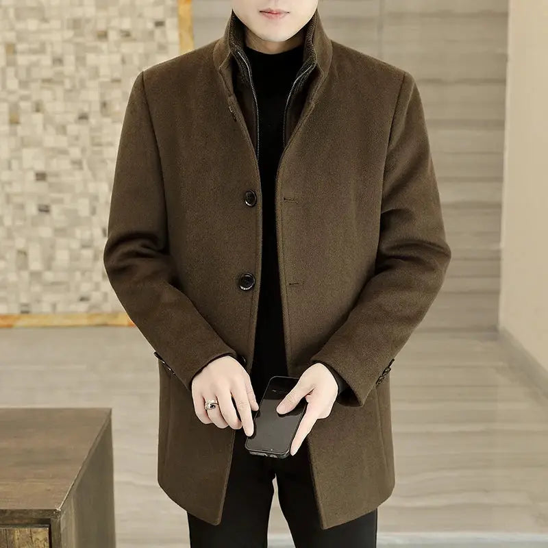 Men's long brown wool coat with removable thickened inner liner, solid color