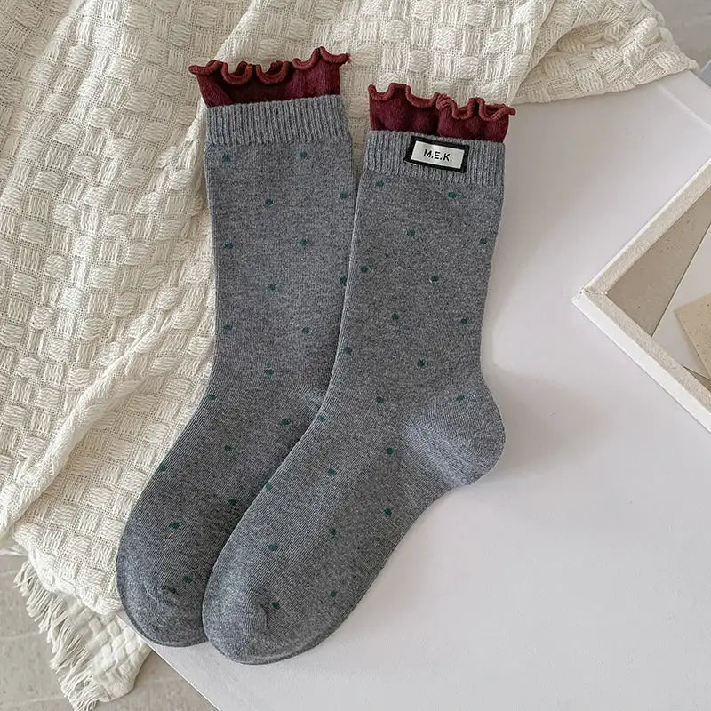 PreppySteps Womens Dots Pattern Frilly Long Socks Breathable Combed Cotton Everyday Comfort