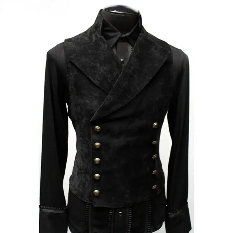 Mens gothic double-breasted waistcoat with brass buttons over black shirt, Simples Market