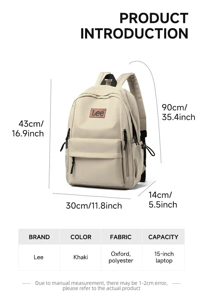 Lee khaki lightweight backpack for 15-inch laptops, Oxford polyester with multiple zip pockets
