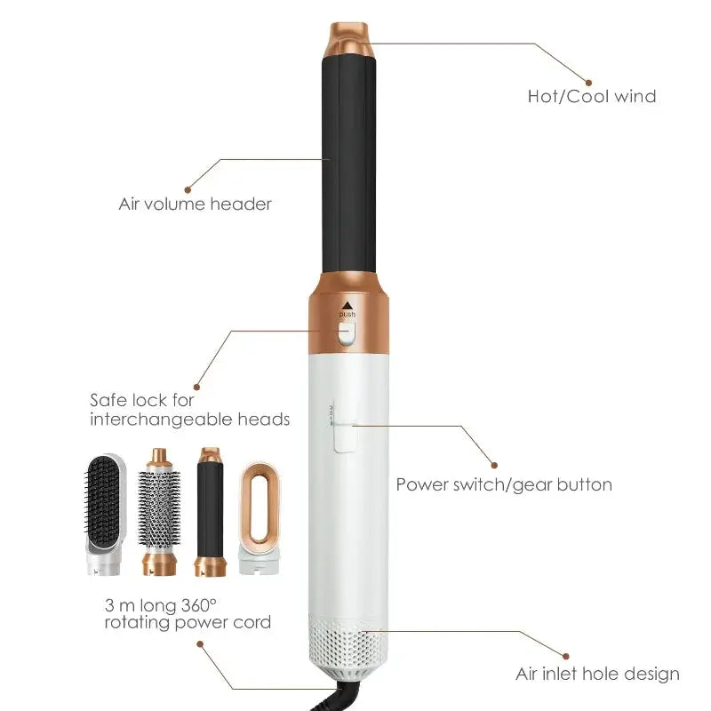 Simples Market 5-in-1 hair dryer brush set in white and rose gold with interchangeable heads and 360° rotating cord