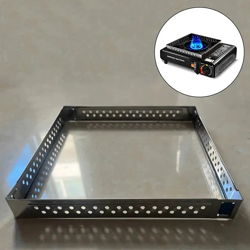 Stainless steel windproof windscreen rack for gas stoves; detachable, portable outdoor cooking accessory.