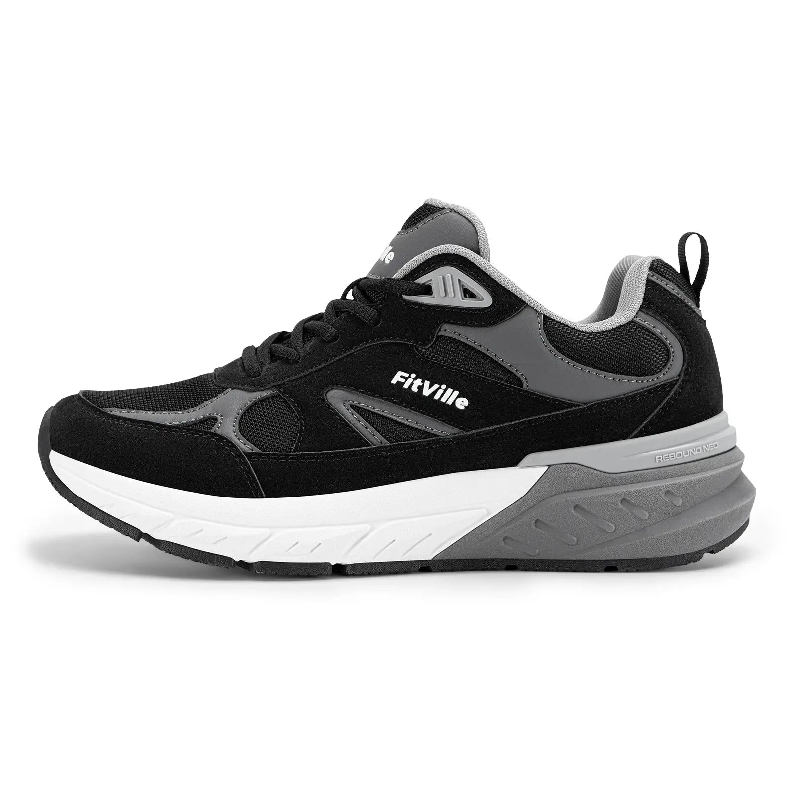 FitVille men's walking sneaker in black and gray with cushioned sole