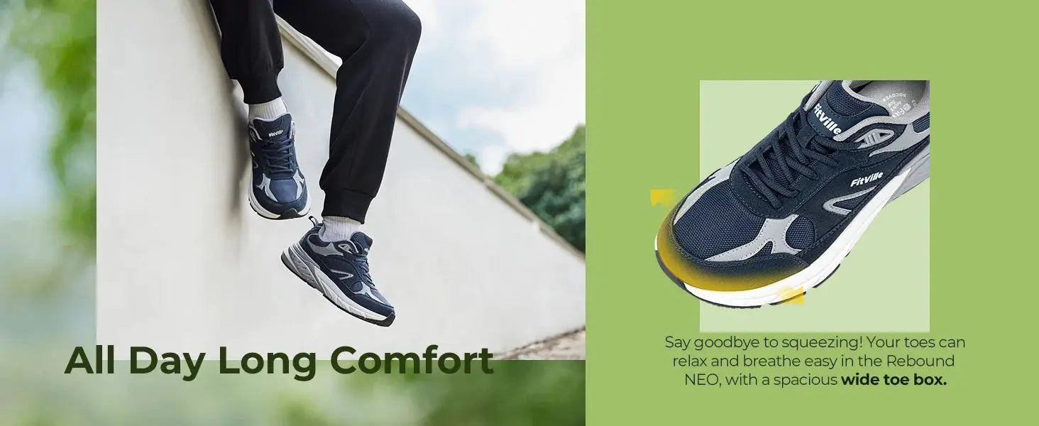 FitVille men's walking shoes, navy and gray wide-width sneakers with arch support