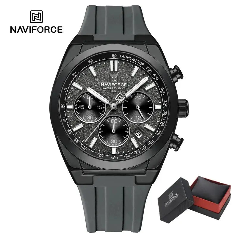 NAVIFORCE men's chronograph watch with luminous hands, 30m water resistant, silicone strap; includes box