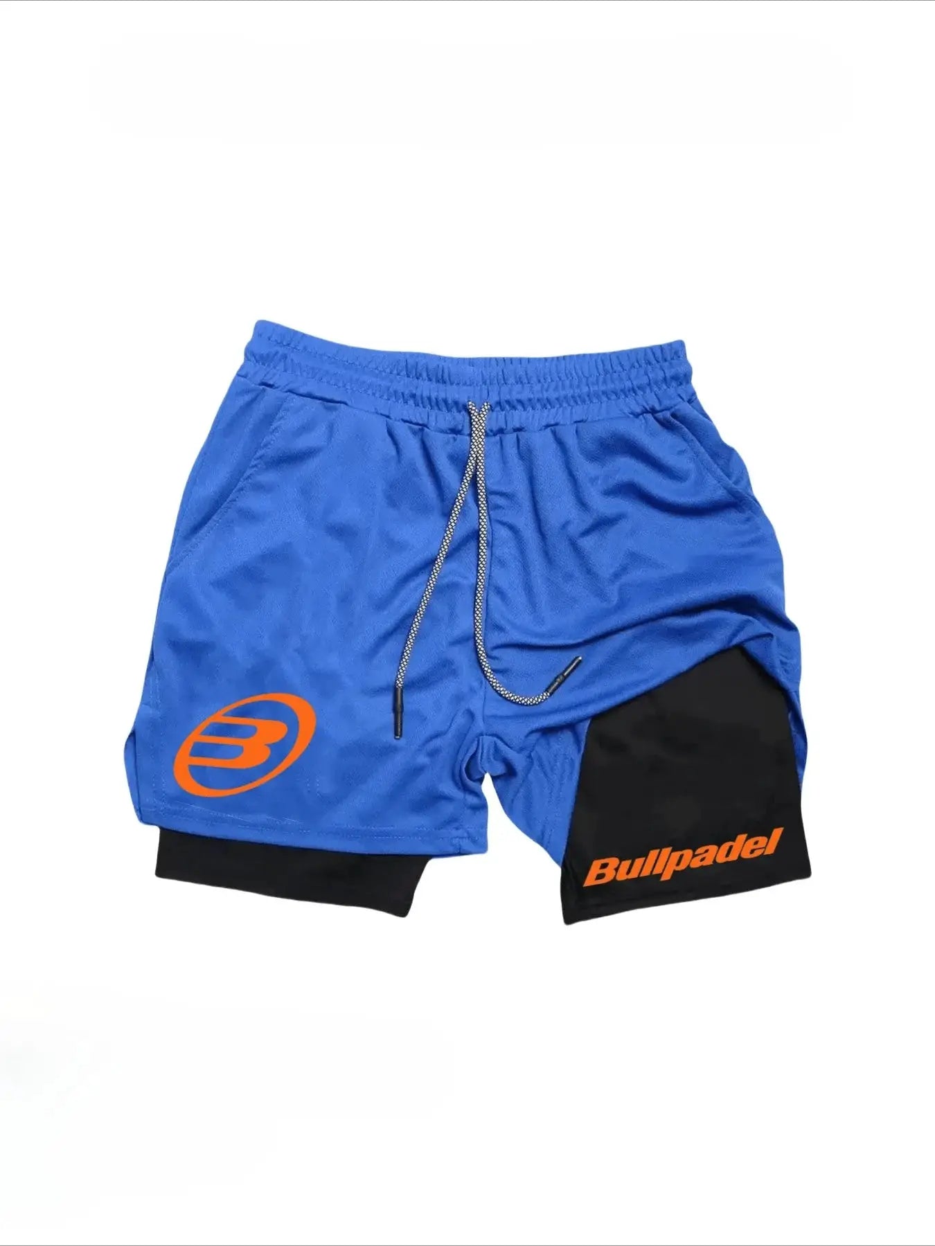 Berserk men's 2-in-1 sports shorts, blue with black panels, drawstring waist, Bullpadel logo