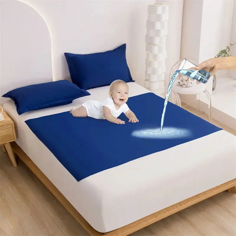 Simples Market blue TPU waterproof bed flat sheet on white mattress, baby on bed