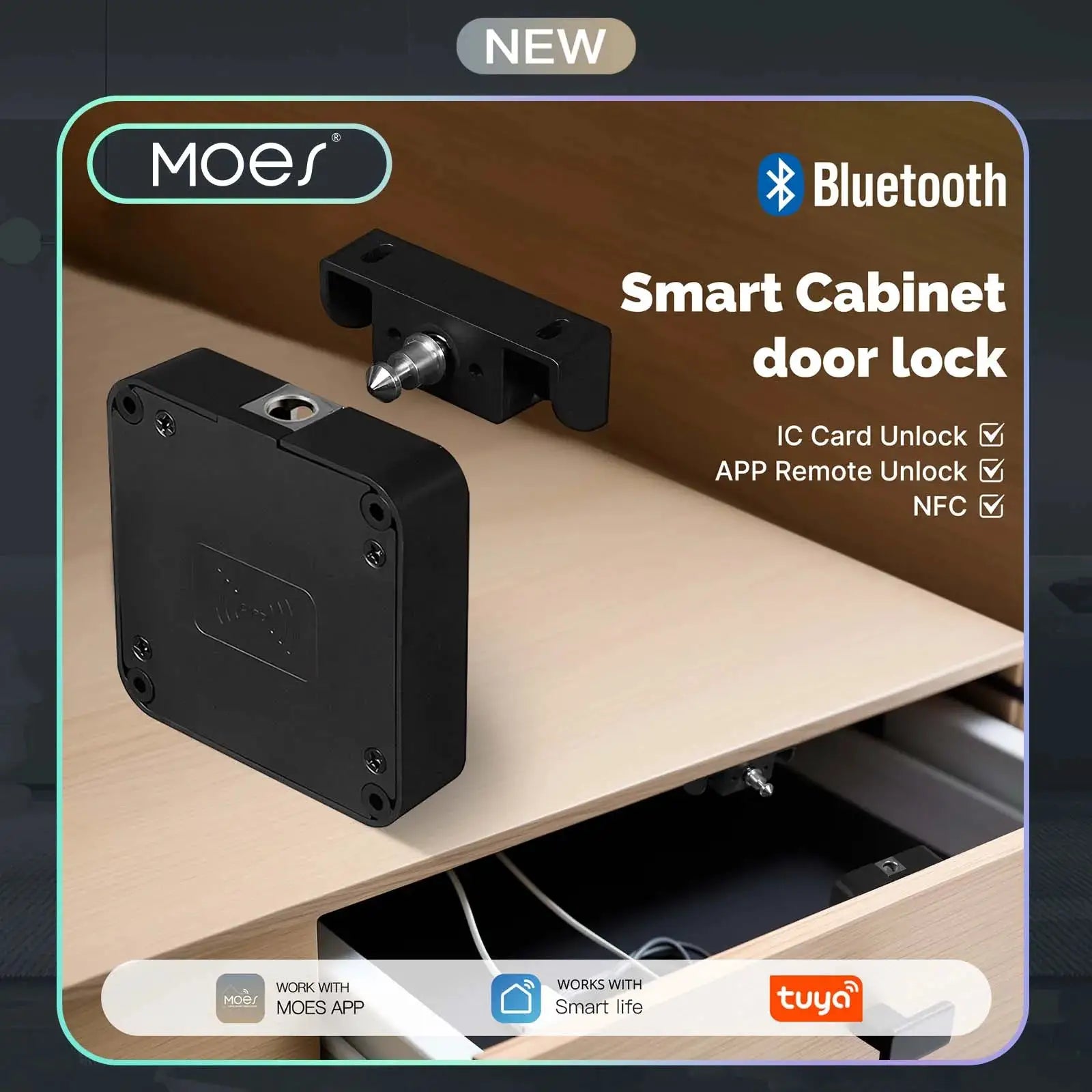 MOES smart cabinet door lock in black with bolt; Bluetooth, IC card, NFC and app remote unlock (Tuya logo visible)