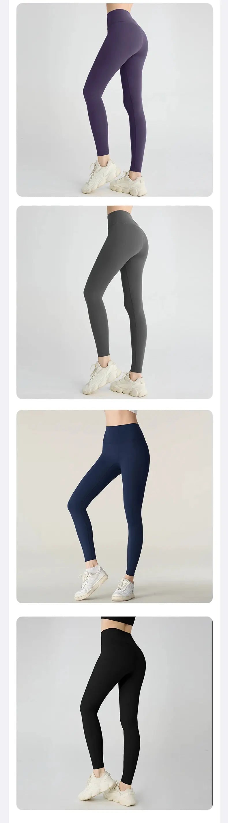 Simples Market women's high-waisted yoga leggings set in 4 colors: purple, gray, navy, black; breathable