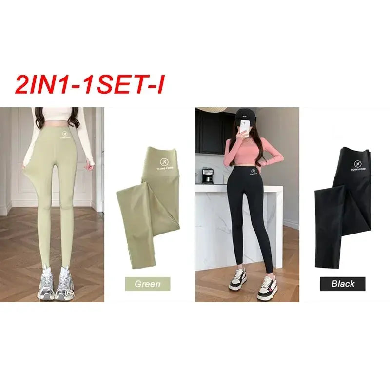 Women's high-waisted yoga tights set, 2-in-1, sizes M-XL in green and black by Simples Market