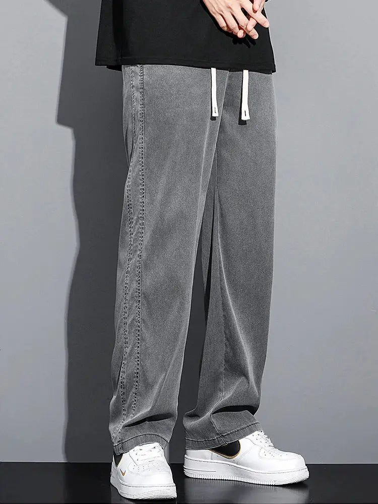 Simples Market men's gray lyocell loose straight pants with drawstring elastic waist, plus size M-5XL casual trousers