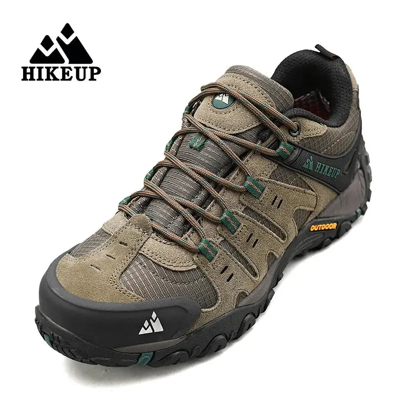 HIKEUP men's hiking shoes in olive suede leather with rugged outsole; wear-resistant outdoor trekking sneakers