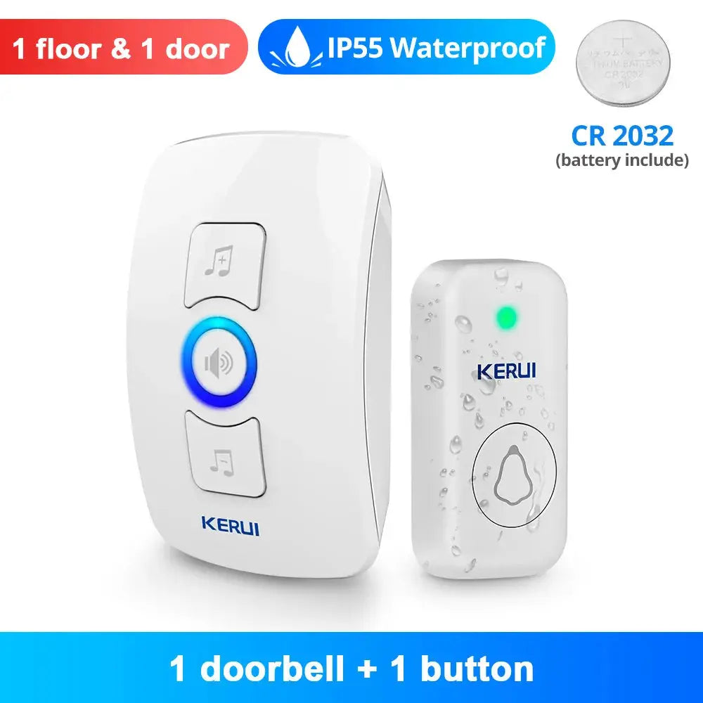 KERUI wireless doorbell: white chime with blue LED ring and 2 buttons, plus white waterproof button with green LED