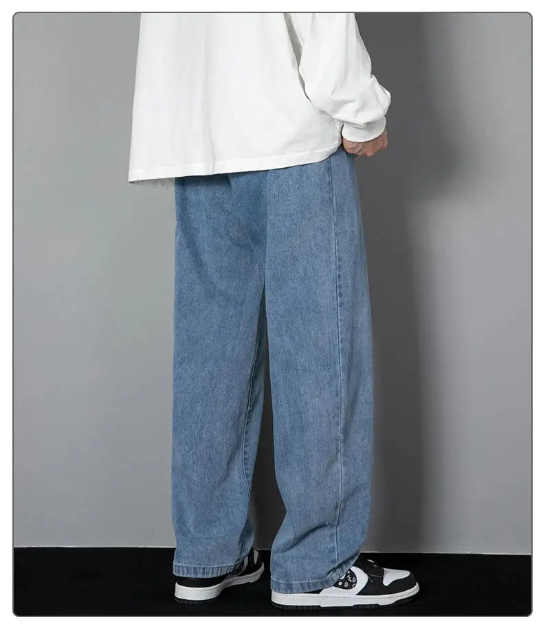 Men's light blue denim jeans, wide-leg straight-cut, casual long style.