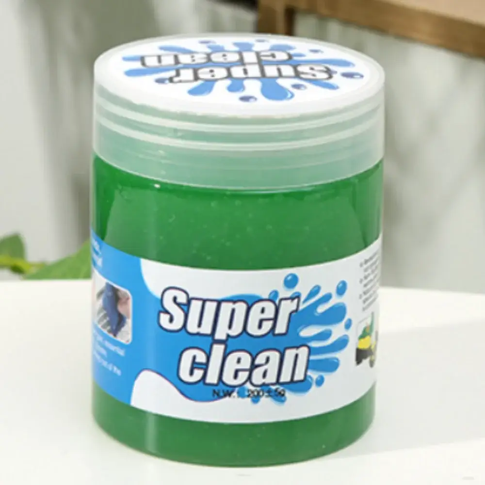 Super Clean cleaning gel in a green jar with blue splash label