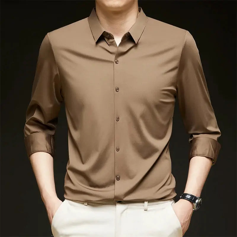 Men's brown solid-color wrinkle-resistant long-sleeve dress shirt for business casual wear