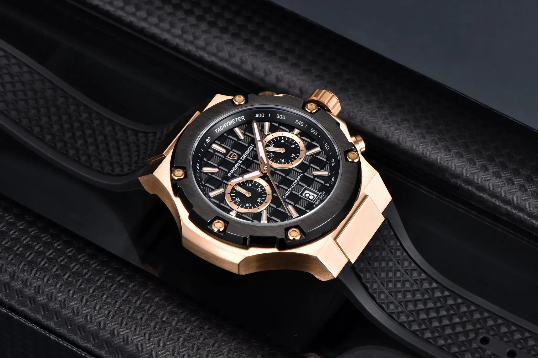 PAGANI DESIGN men's rose-gold chronograph watch with black dial and fluororubber strap