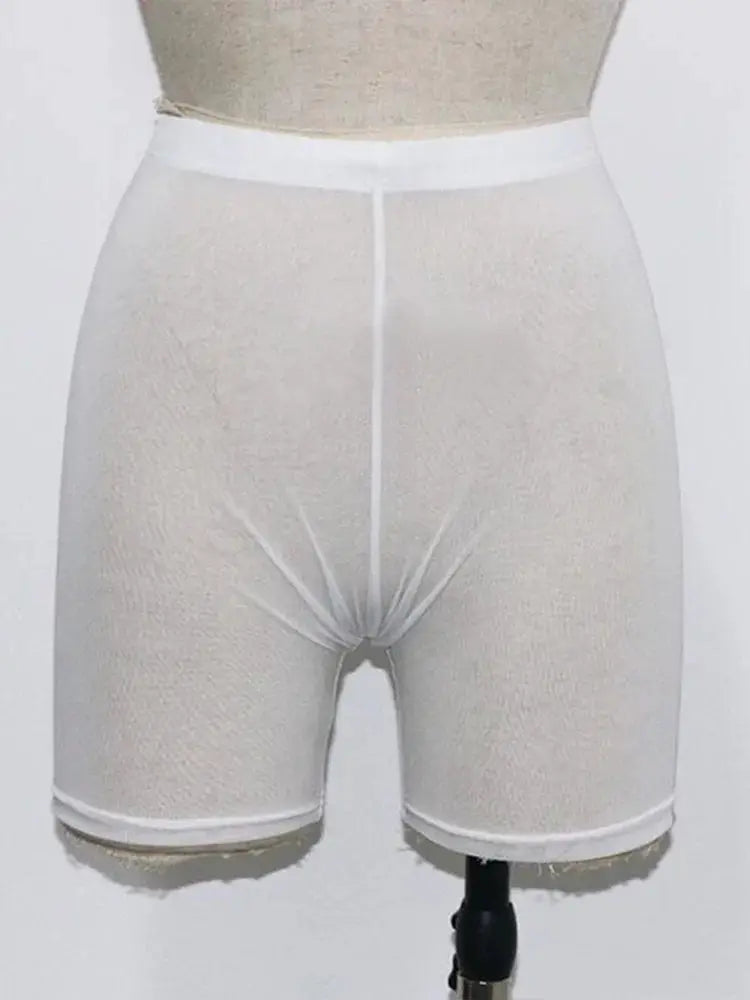 Women's white mesh high-waist shorts with translucent fabric