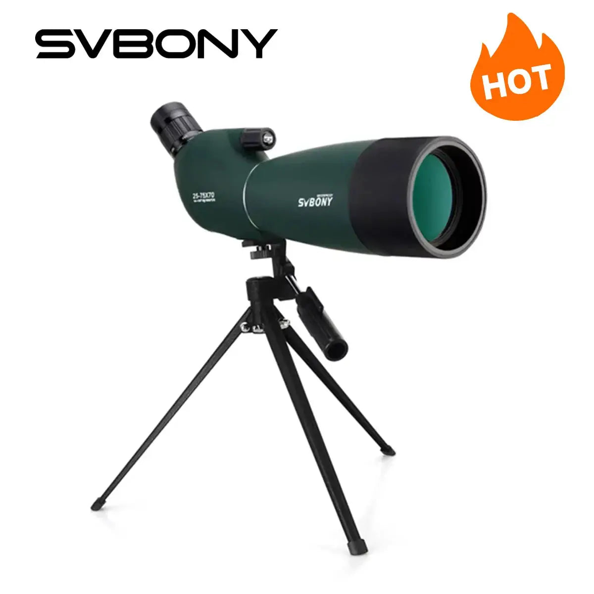 SVBONY SV28 spotting scope on tripod; green body with black objective lens