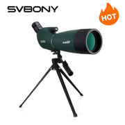 SVBONY SV28 spotting scope on tripod; green body with black objective lens