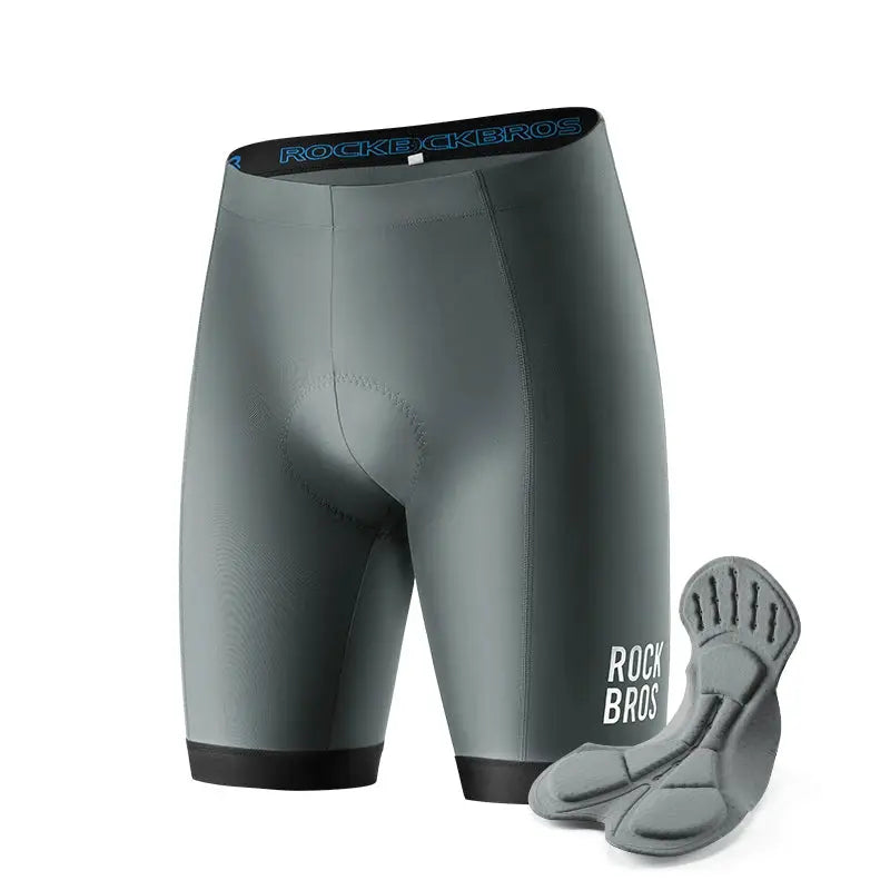 RockBros men's cycling shorts with 3D gel pad, gray-green breathable fabric, anti-slip waistband
