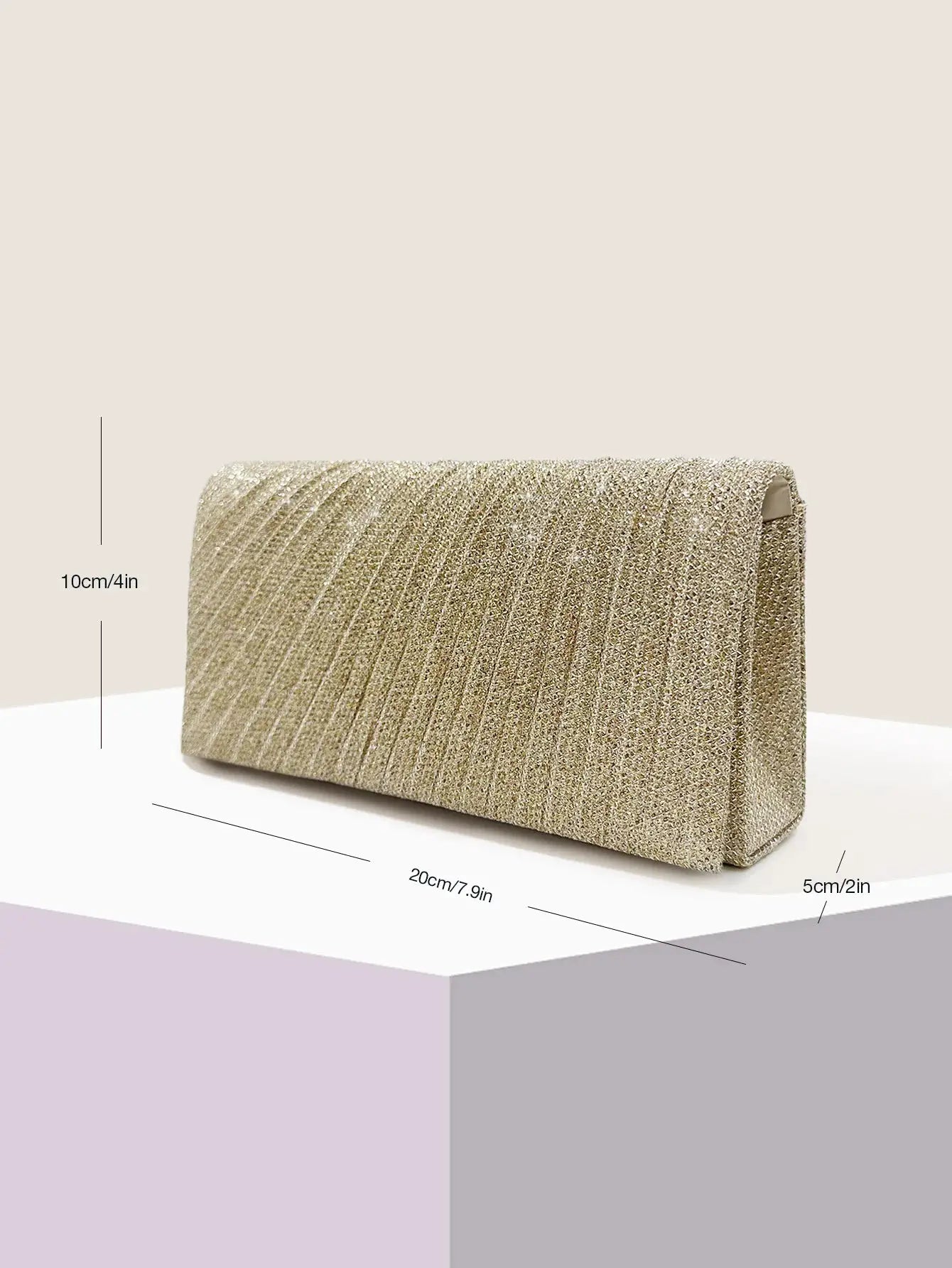 Gold glitter envelope evening bag with ribbed texture, rectangular mini purse.