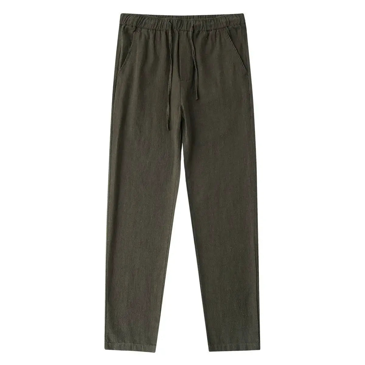 Casual cotton-linen chino pants for men, olive green, with elastic drawstring waist and wide-leg fit