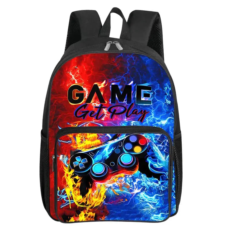 GamePad pattern backpack for kids with front pocket and colorful controller graphic on fiery red-blue background