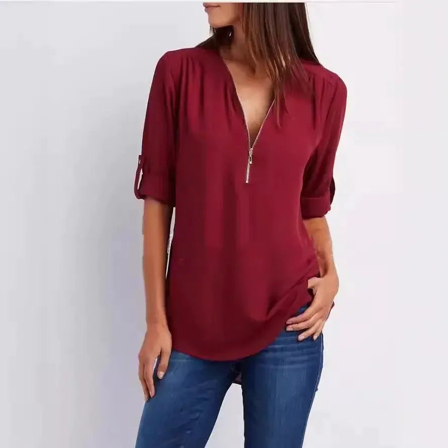 Chiffon blouse with deep V-neck zipper, burgundy, loose-fit women's top.