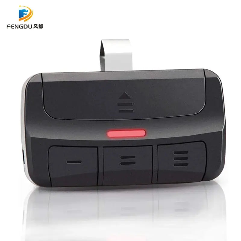 Universal gate remote control with clip; 3-button black transmitter, red LED, Fengdu logo visible.