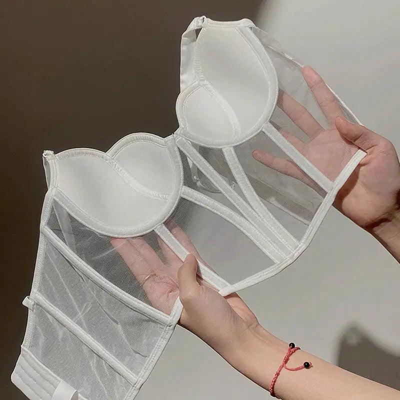 Meet'r white transparent lace push-up bra with sheer back corset by Simples Market