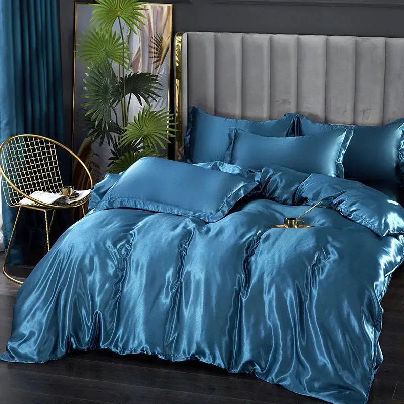 Simples Market silk satin bedding set in solid teal with duvet cover, sheets and pillowcases