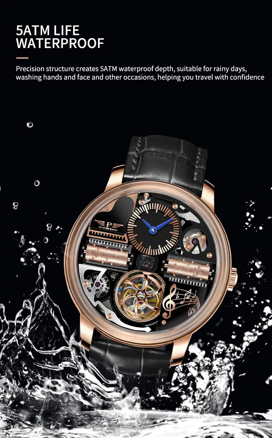 Watch: Simples Market 2025 PINDU Design Music Series skeleton automatic, sapphire glass, rose-gold case, black leather strap.