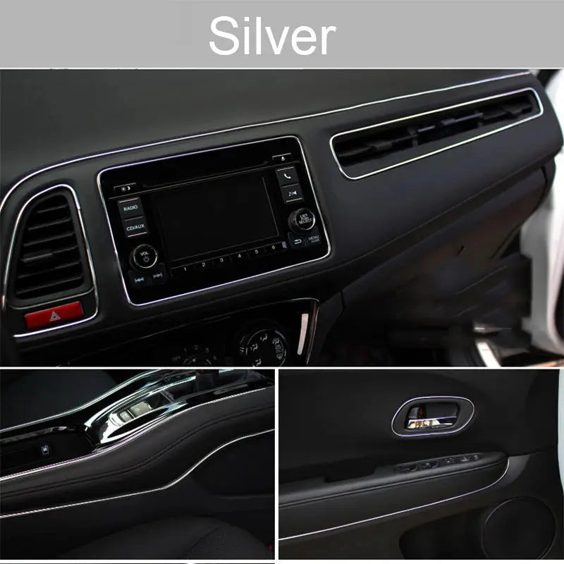 Silver car interior moulding strips for dashboard and door panels; flexible universal trim for car styling