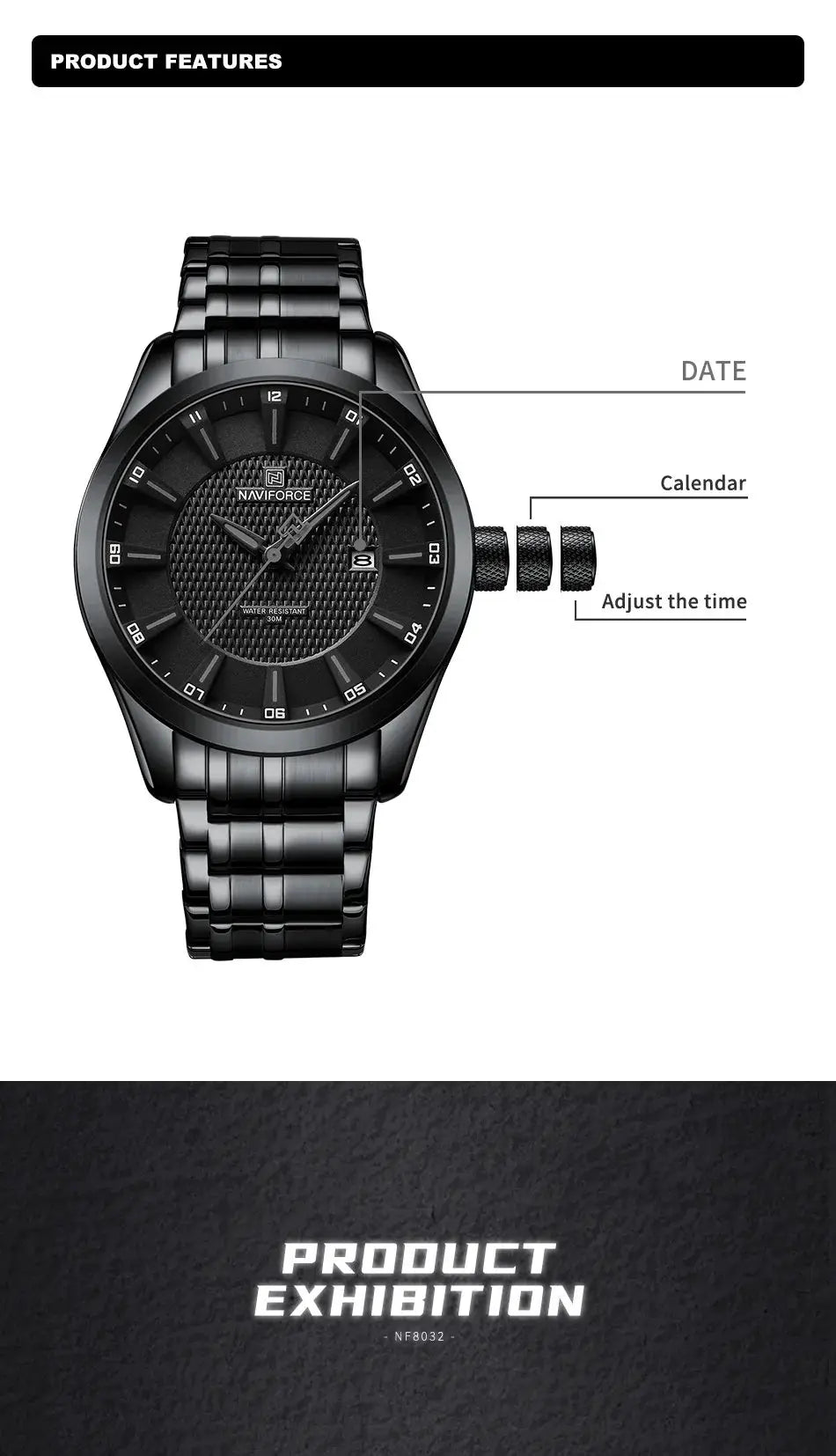 NAVIFORCE men's black stainless steel watch with date display and 30m water resistance